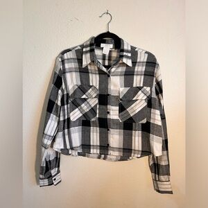 LIFE Black & White Plaid Cropped Flannel with Sequin Eye Patch NWOT